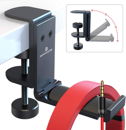 Headphone Hook Desk, Headphones Stand under Table Foldable Headset Holder Clamp Hanger Mount, Built in Cable Clip Organizer for PC Gaming, Office, Backpack Bag Purse Hanging